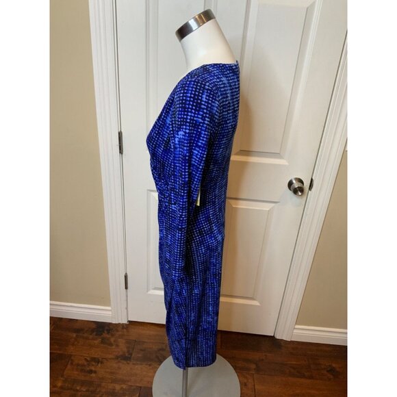Lauren Ralph Lauren Blue & Black Patterned V-Neck Gathered Sheath Dress, Size 6 - Picture 3 of 5